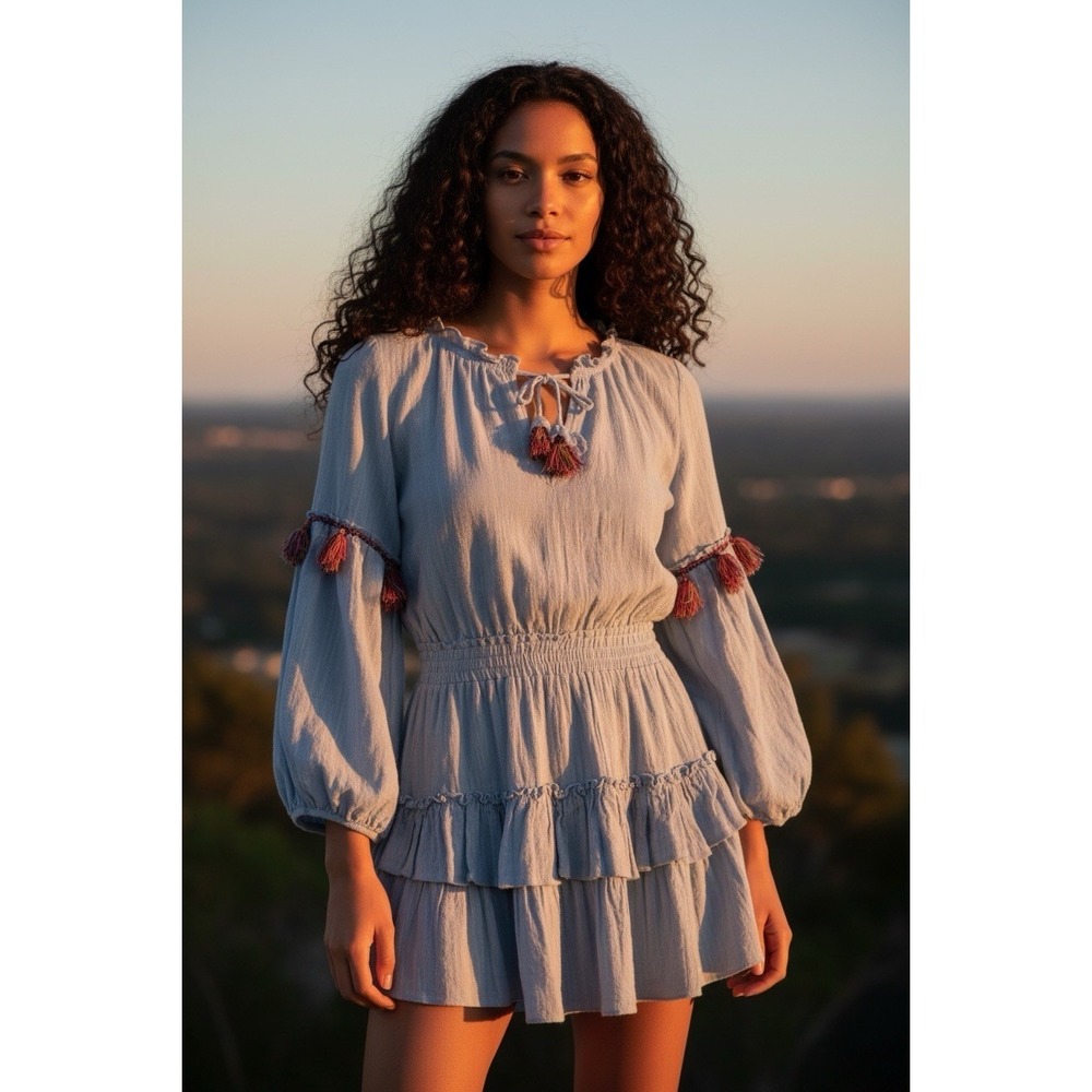 Misa LA Size L Neila Beach Resort Wear Ruffled Tiered Puff Sleeves Y2K Style